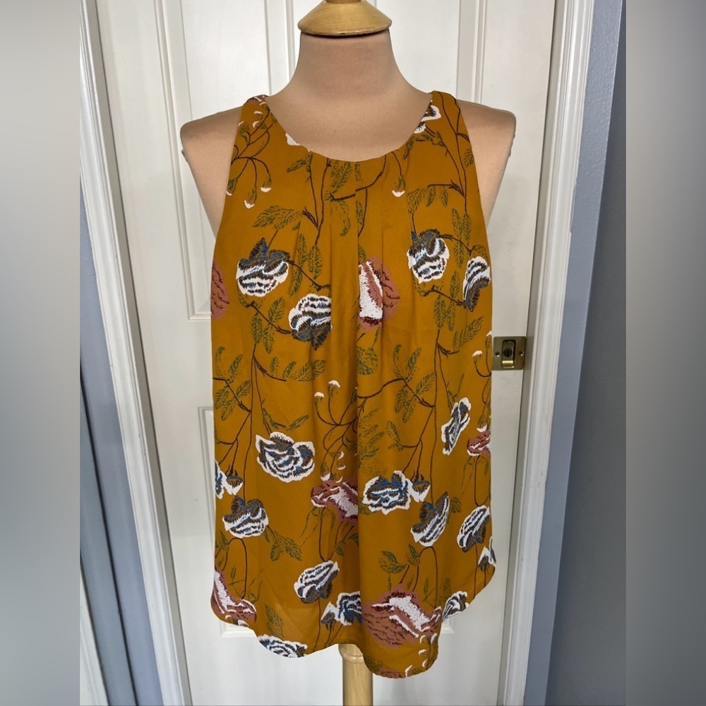 Allison Joy Women's Size Small Mustard Floral Print Sleeveless Blouse Tank Pleat